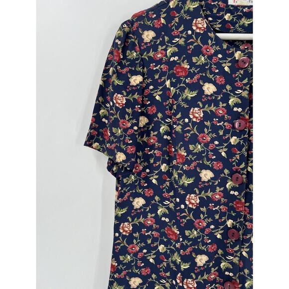 Talbots Vintage Dress Womens Medium/Large Navy Blue Floral Print Button Pleated - Picture 2 of 16